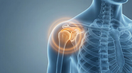 Shoulder Pain, a Detailed Medical Illustration of the Human Body, Highlighting an Inflamed Shoulder Joint with a Bright Orange Glow
