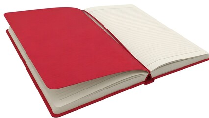 Red notebook with blank pages open on white background