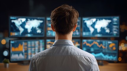 Analyzing market trends and data insights in financial technology office environment digital view