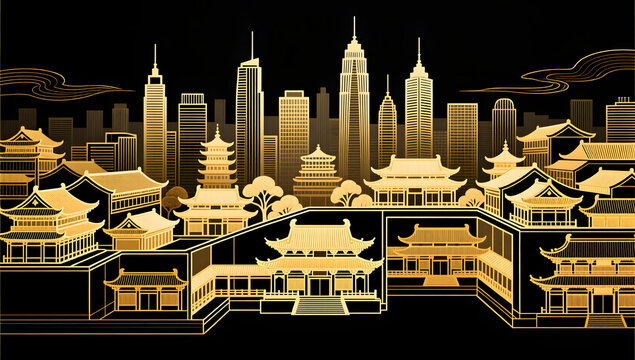 Delicate gilded illustration of bustling city building sections