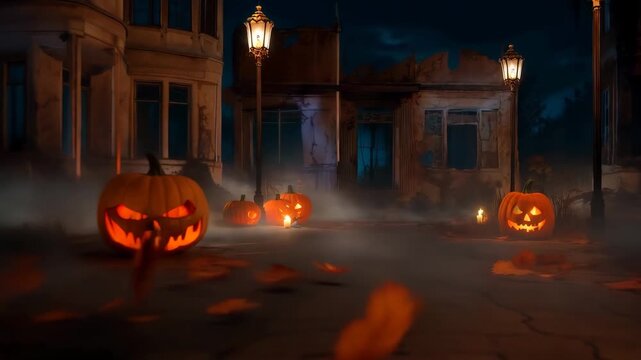 Spooky Halloween Night with Jack-o-lanterns and Lantern Lights in a Haunted Street