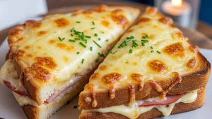 Croque monsieur sandwich with melted cheese and golden toast