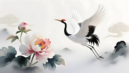 Fototapeta premium Ink-Style Crane with Watercolor Peony in Dreamy Scene