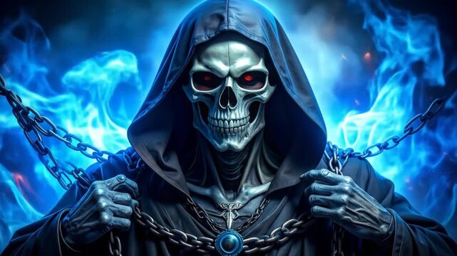 A skeletal figure with red eyes, draped in a hooded cloak, emerges from blue flames