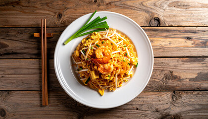 Pad thai on wooden background