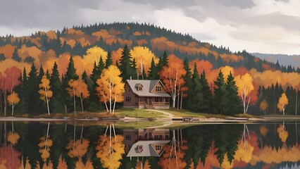 Serene autumn lake house amidst vibrant forest