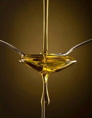 Close-up of flowing golden liquid, held by spoons, against brown backdrop