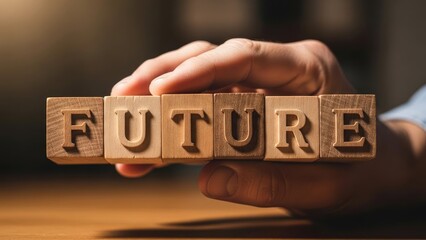 hand holding wooden blocks spelling out future