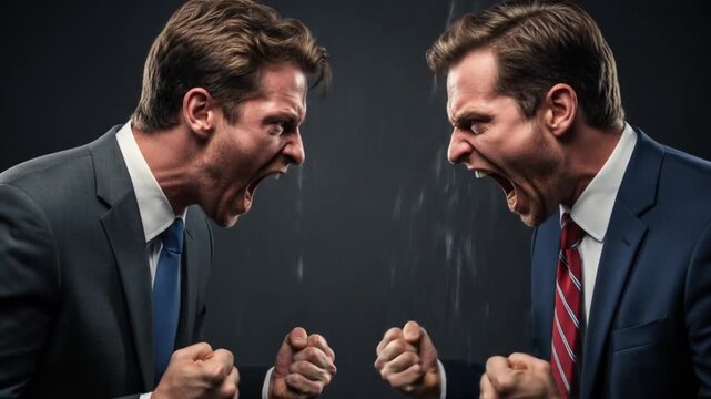 Two men in suits face each other, screaming and clenching fists, dramatic lighting