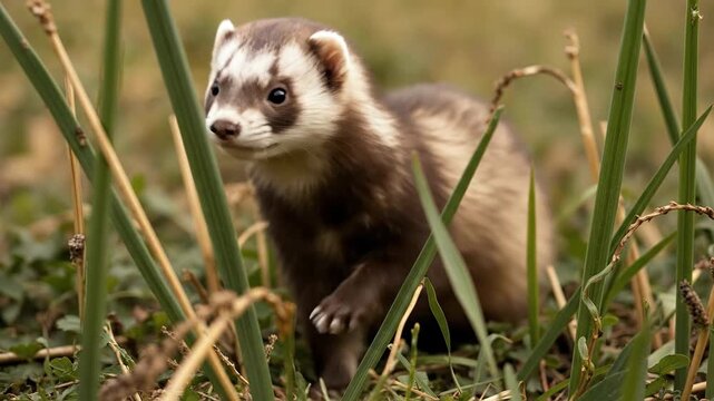 A curious ferret exploring its natural grassy habitat.