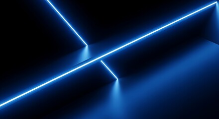 Abstract background with intersecting neon blue lines creating a futuristic geometric tunnel or pathway in darkness