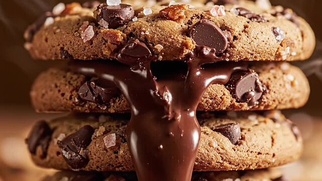 Melted chocolate oozing stacked cookies
