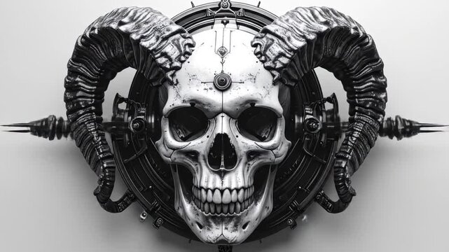 A skull with large horns and mechanical elements. Gray-scale image with intricate detailing