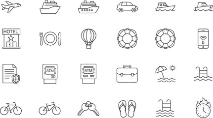 Travel and hospitality line icon set featuring cruise ship airplane hotel building swimming pool bicycle atm machine keys and summer beach vacation symbols © pappa