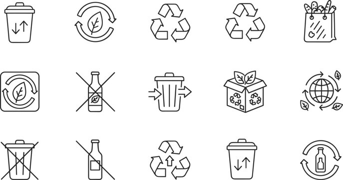 Recycling and environmental sustainability line icon set featuring waste bins recycle symbols organic leaf logos eco friendly packaging and plastic bottle reduction