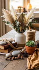 Cozy Natural Decor with Dried Plants and Rustic Elements on Table
