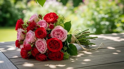 Rustic Red and Pink Rose Bouquet in Dappled Sunlight, Charming Outdoor Garden Floral Arrangement for Summer Romance
