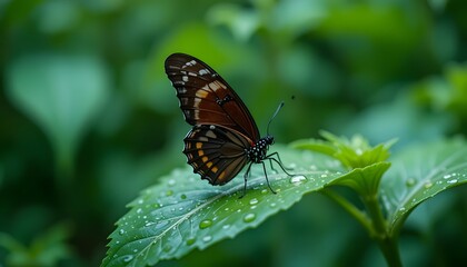 Fototapeta premium A beautiful butterfly with patterned wings rests gently on a dewy green leaf in nature. atala butterfly 