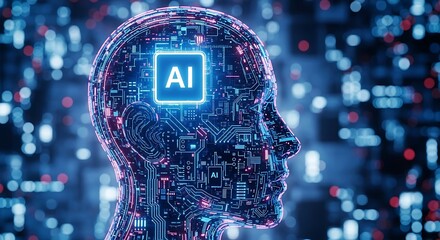 Artificial intelligence head with glowing ai chip and circuit board pattern, representing futuristic technology and machine learning concepts