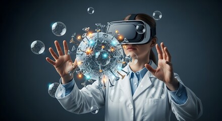 Scientist wearing vr headset interacting with a 3d model of a virus, representing virtual reality in scientific research and medical innovation