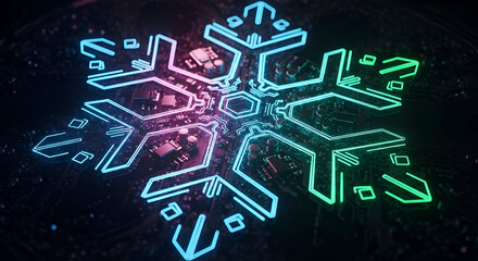 Stunning digital snowflake design with vibrant neon glow on a futuristic circuit board, perfect for innovative tech concepts and holiday marketing