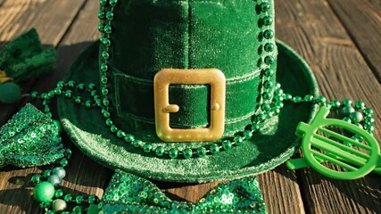 A vibrant green hat with a gold buckle green beaded necklaces a sequined bow tie and novelty glasses rest on a rustic wooden surface
