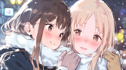 雪の夜に寄り添うアニメ美少女2人　冬の街で温もりを感じるイラスト
