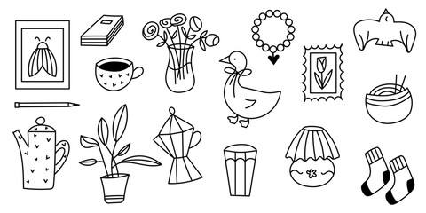 Whimsical cozy hand drawn elements with coffee, bird, flowers, socks, book.