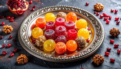 Decorative silver plate with colorful round fruit jellies—red, orange, yellow, purple candies with nuts, pomegranate seeds, walnuts, and halved pomegranate on dark textured surface.