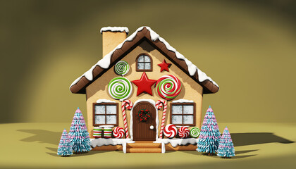 Festive Gingerbread House with Candy Decorations and Christmas Trees.