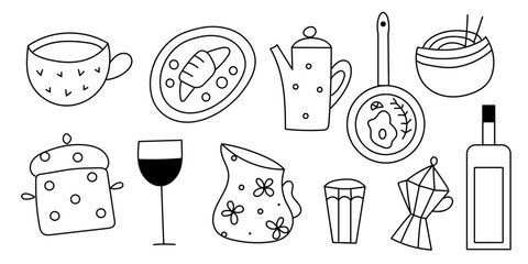 Doodle set with food elements. Restoran equipment hand drawn.