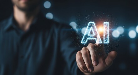 Mans hand reaching out to touch a glowing ai symbol, representing human interaction with artificial intelligence