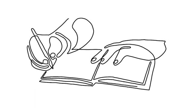 Continue line animation of hand writing on book