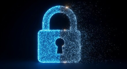 Digital padlock icon made of glowing blue particles dissolving into dust, representing cybersecurity, data protection, and digital security