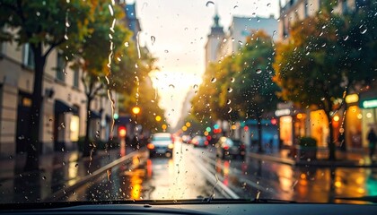 Rain-covered windshield view of city street with blurred lights, wet road reflections, and warm urban glow.