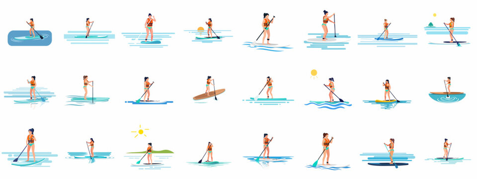 Set of vector illustrations featuring women enjoying stand-up paddleboarding (SUP) on water, highlighting summer sports, recreation, and active outdoor leisure.