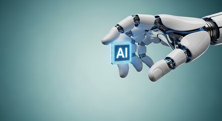 Robot hand holding a glowing ai chip, representing artificial intelligence and advanced technology in a clean environment