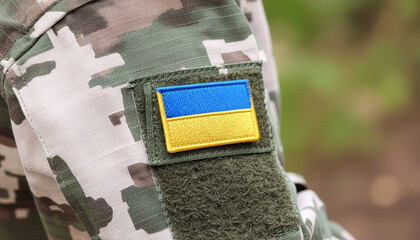 Patch on an Ukrainian soldier's uniform. The Ukrainian flag as a symbol of the Ukrainian army.