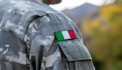 Patch on the uniform of a Italian soldier. The Italian flag as a symbol of the Italian army.