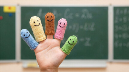 Funny decorated fingers symbolize schoolchildren. A blackboard is blurred in the background. School concept