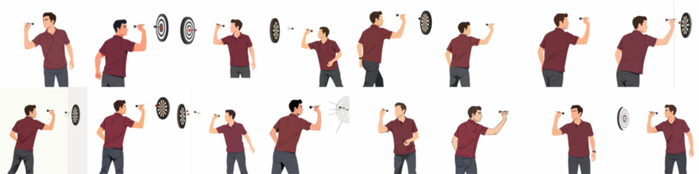 A young man aiming and throwing darts at a target board in various action poses, demonstrating skill, concentration, and competitive leisure activity through illustration set.