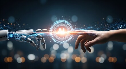 Human and robot hands reaching out to touch, symbolizing artificial intelligence, technology, and the future of humancomputer interaction
