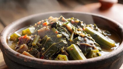 A hearty and steaming bowl of traditional Southernstyle collard greens and okra stew brimming with fresh vegetables and rich flavors served in a rustic earthenware bowl evoking warmth and homecooked .