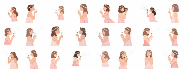 A collection of diverse girls in pink dresses and flower crowns joyfully blowing dandelion seeds, symbolizing wishes, spring, and youth.