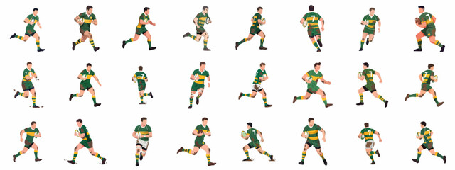 Vector set of muddy rugby players running with the ball in green and yellow uniforms, isolated illustration of athletes in various action poses for sport design.