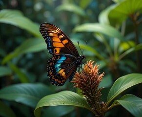 Obraz premium A magnificent tropical butterfly with striking orange and blue wings rests on a vibrant flower. atala butterfly 