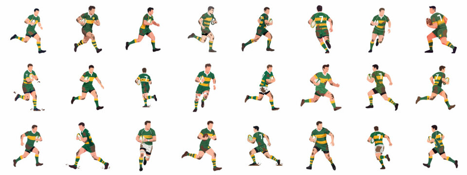 Vector set of muddy rugby players running with the ball in green and yellow uniforms, isolated illustration of athletes in various action poses for sport design.
