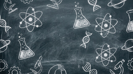 Chalkboard background with various hand-drawn science symbols like atoms, DNA, beakers, and microscopes, illustrating scientific concepts.