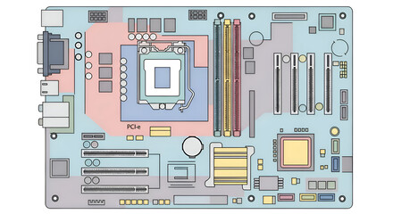 Detailed illustration of a computer motherboard, perfect for tech publications, educational materials, and IT industry resources