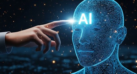 Closeup of a human finger touching a glowing ai symbol on a digital human head, symbolizing artificial intelligence and human interaction